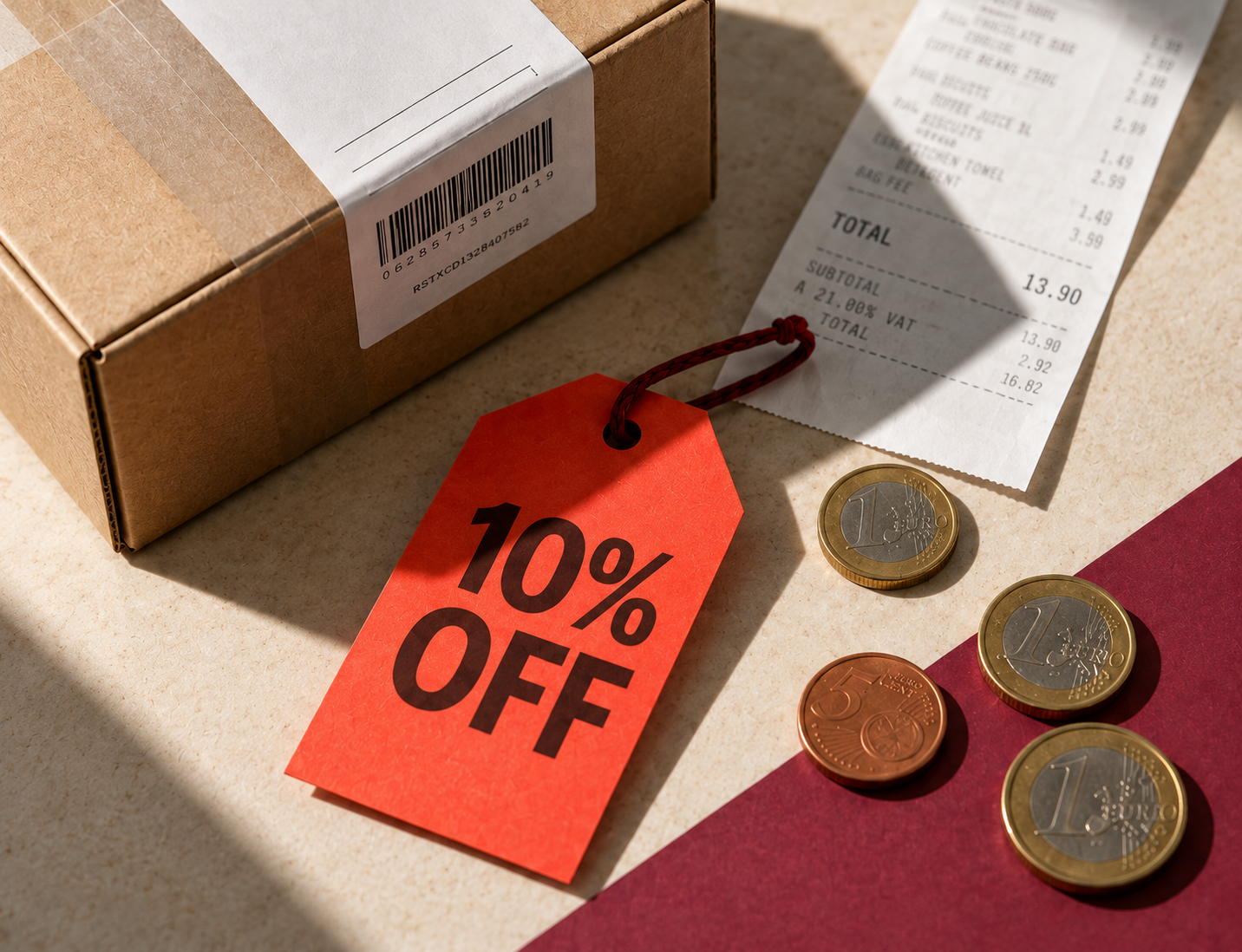 Editorial illustration of a parcel, receipt, euro coins and a 10% off tag