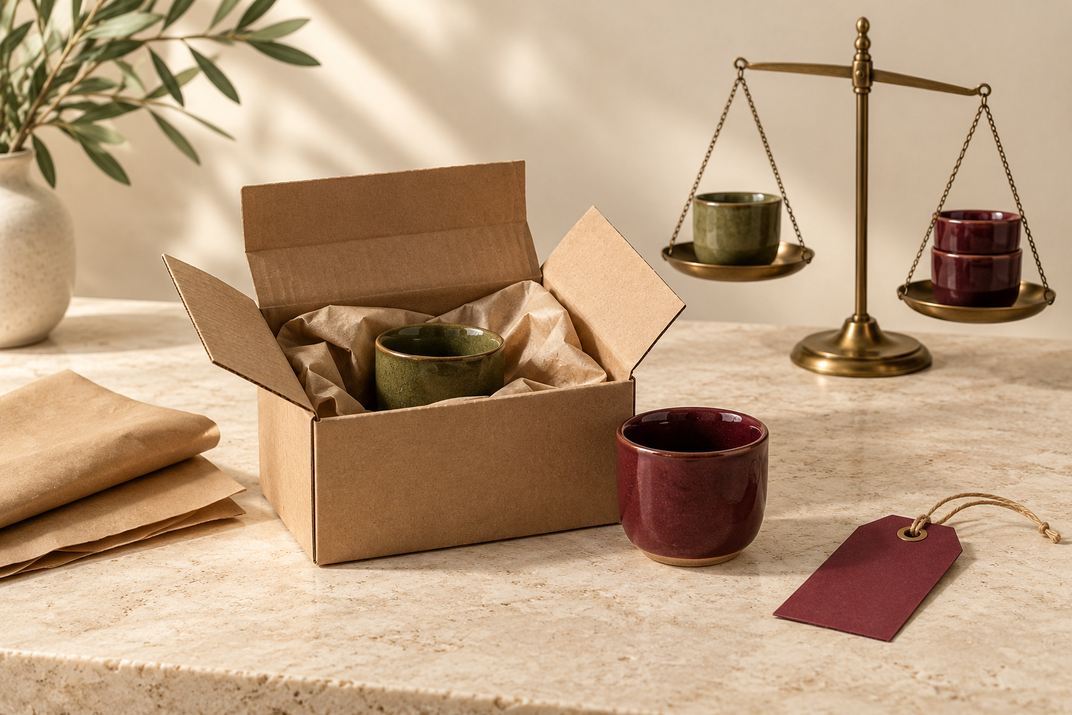 Parcel, cups and a balance scale