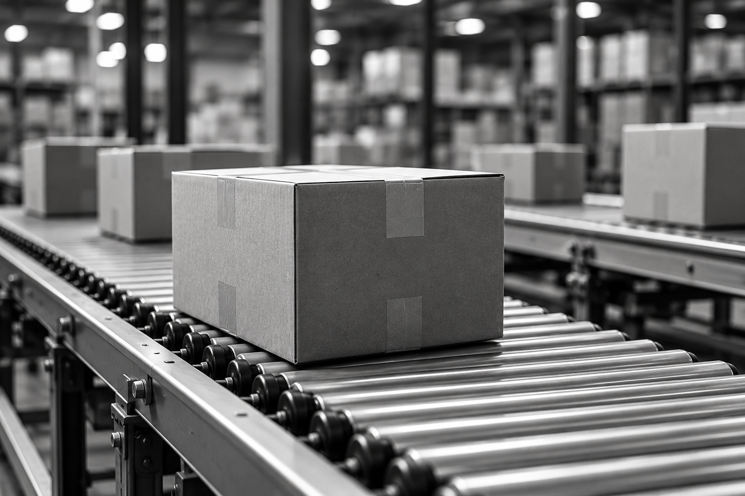 Editorial illustration of parcels on a warehouse conveyor
