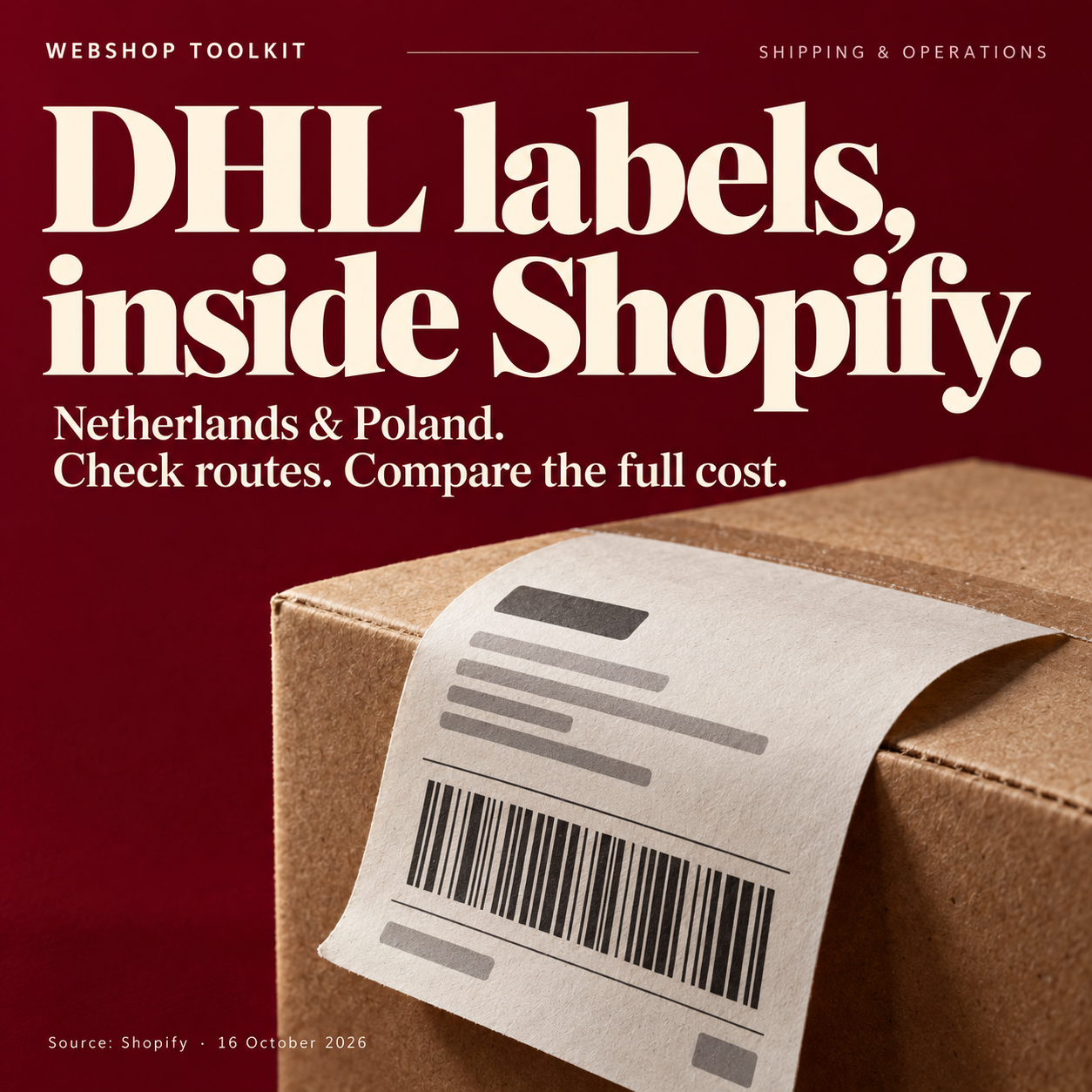Burgundy Webshop Toolkit editorial cover: DHL labels, inside Shopify. Netherlands and Poland. Check routes. Compare the full cost. Illustrated parcel with label; source Shopify, 16 October 2026.
